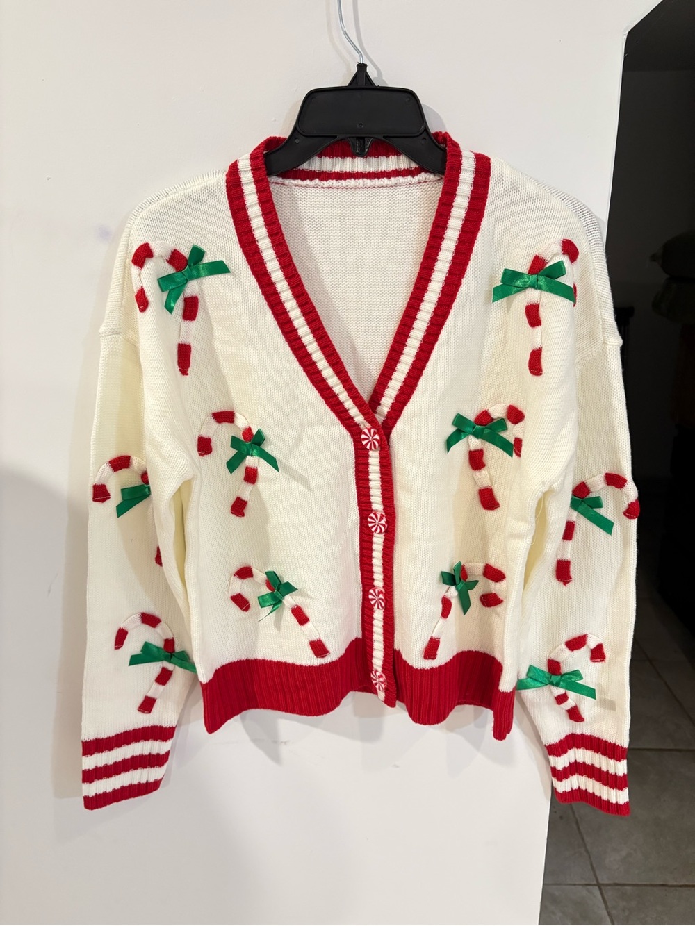 Festive Cream and Red Candy Cane Cardigan Sweater